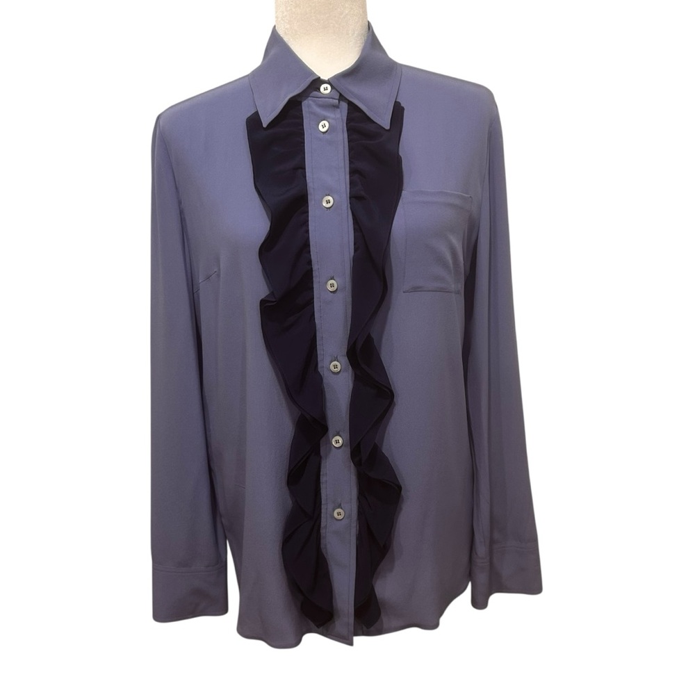Prada 100% Silk Ruffle Blouse Blue Button Up Womens sz EU 40/USA 8 Italy luxury